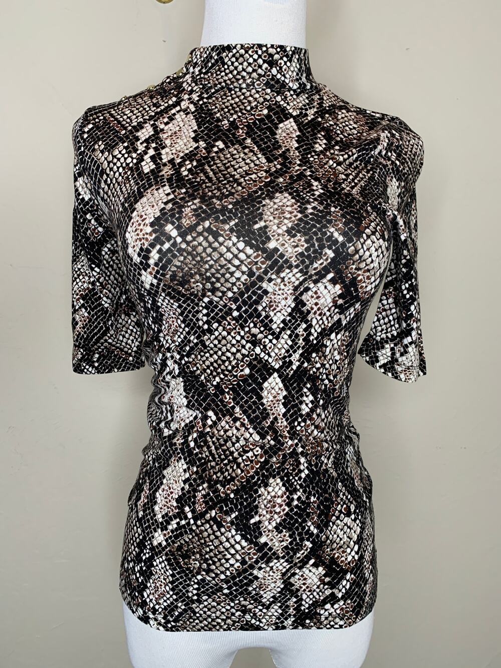 Karen Millen Snake Print Brown Black Thin Turtleneck Silver Snaps Small